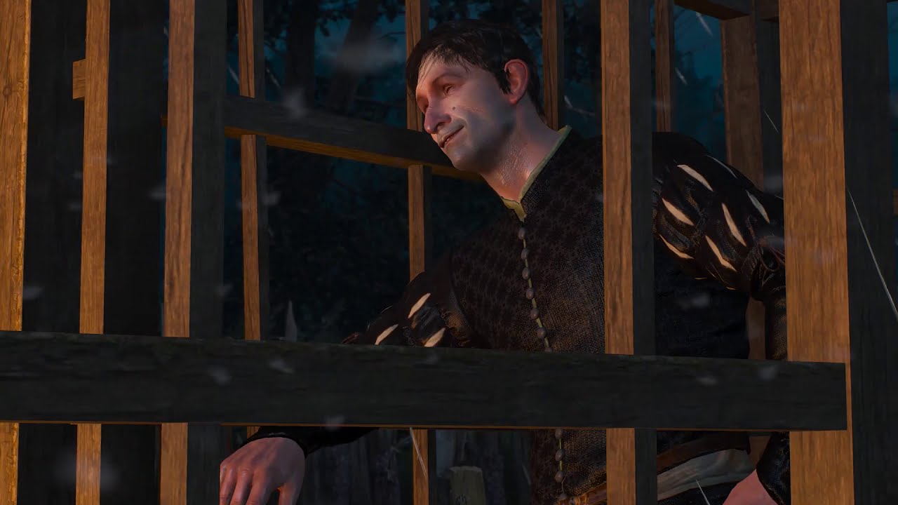 Quinto the safecracker locked in Hans of Cidaris's cage in Witcher 3 Hearts of Stone