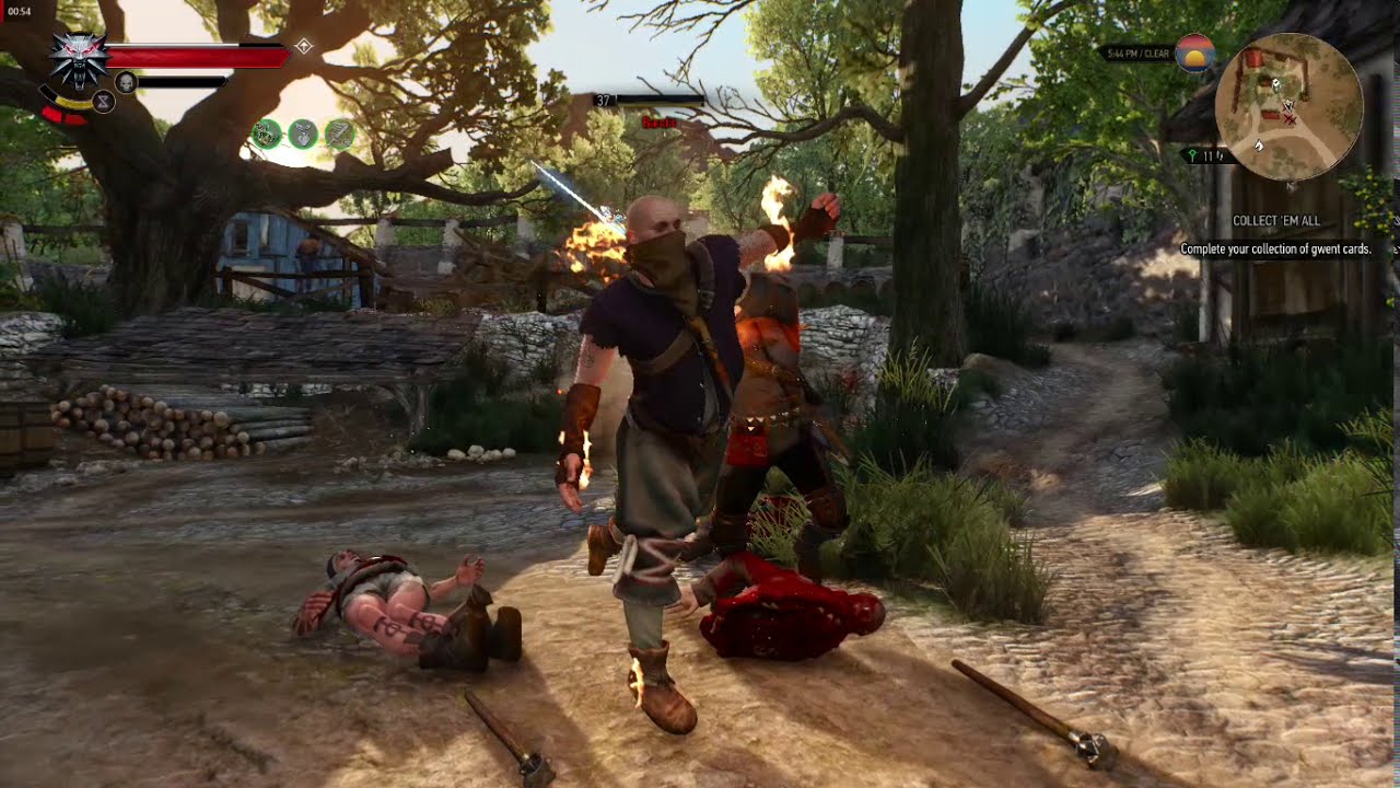Geralt fighting bandits at the Abandoned Coopers' Workshop