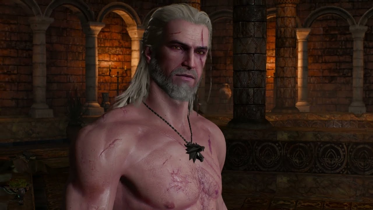 Geralt in a towel at Sigismund's Bathhouse in Novigrad