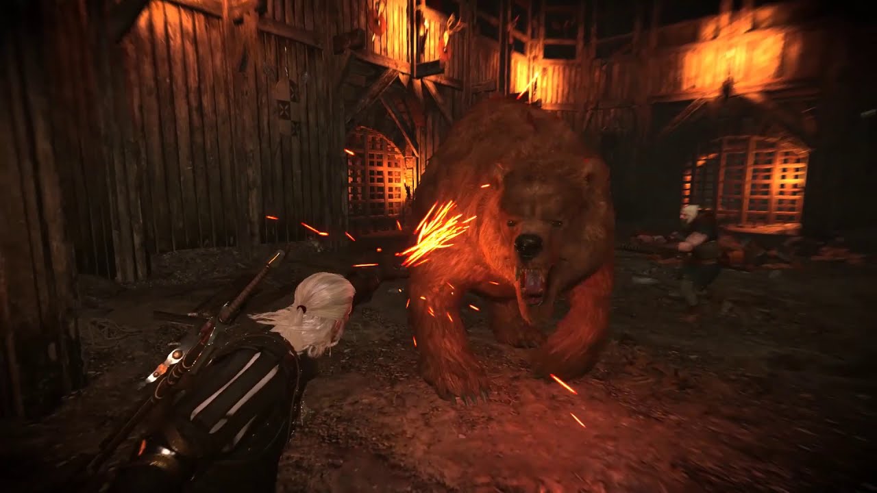 Geralt fighting Boris the bear in Whoreson Junior's arena