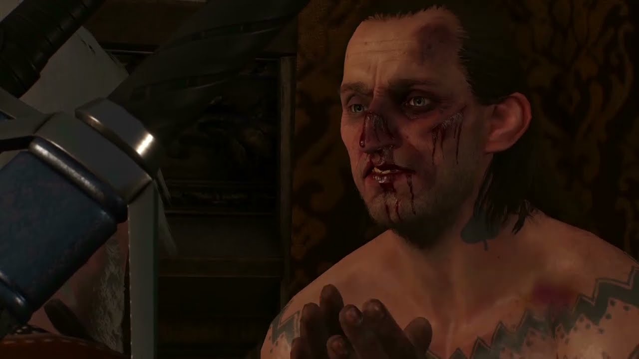 Beaten Whoreson Junior begging Geralt in The Witcher 3 Get Junior