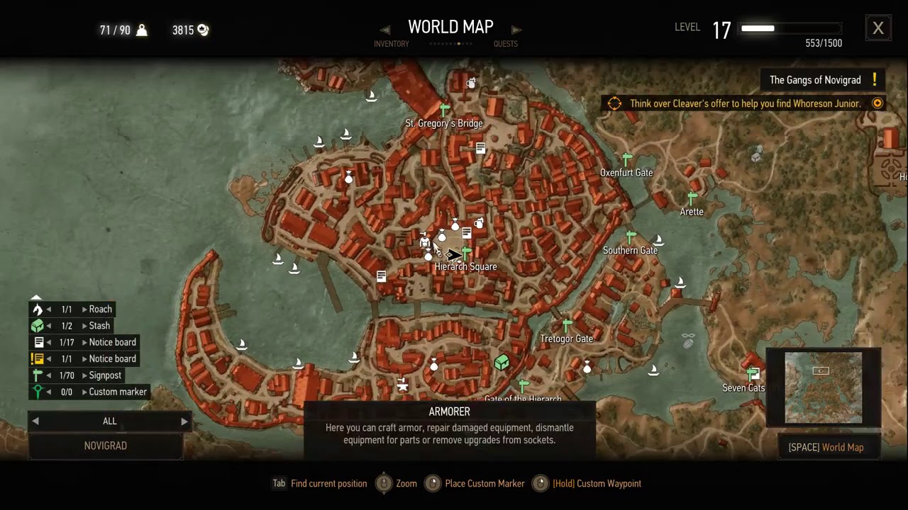 Map location of Cleaver's headquarters near Hierarch Square in Novigrad
