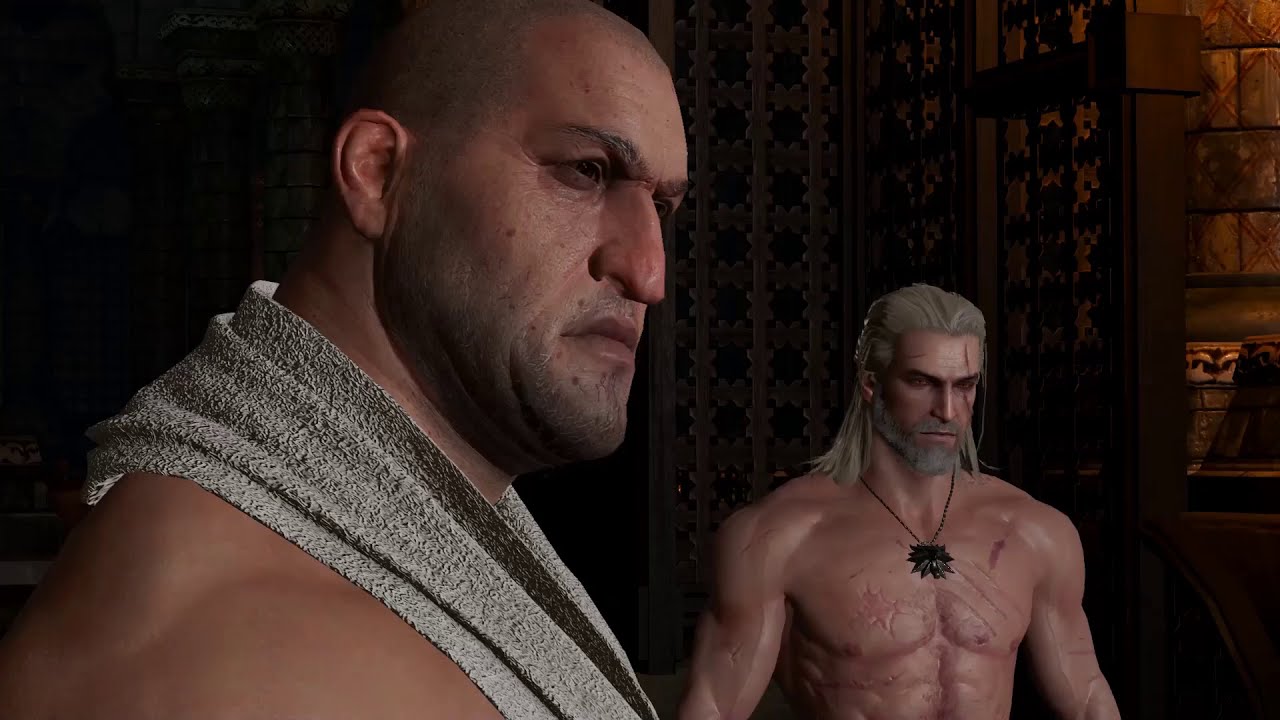 Geralt and Dijkstra in the bathhouse at the start of Get Junior
