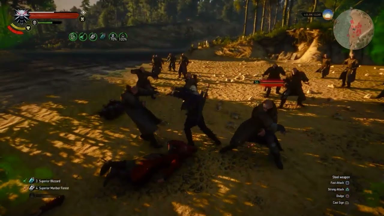 Bloodbath combat build in The Witcher 3 with defeated enemies around Geralt