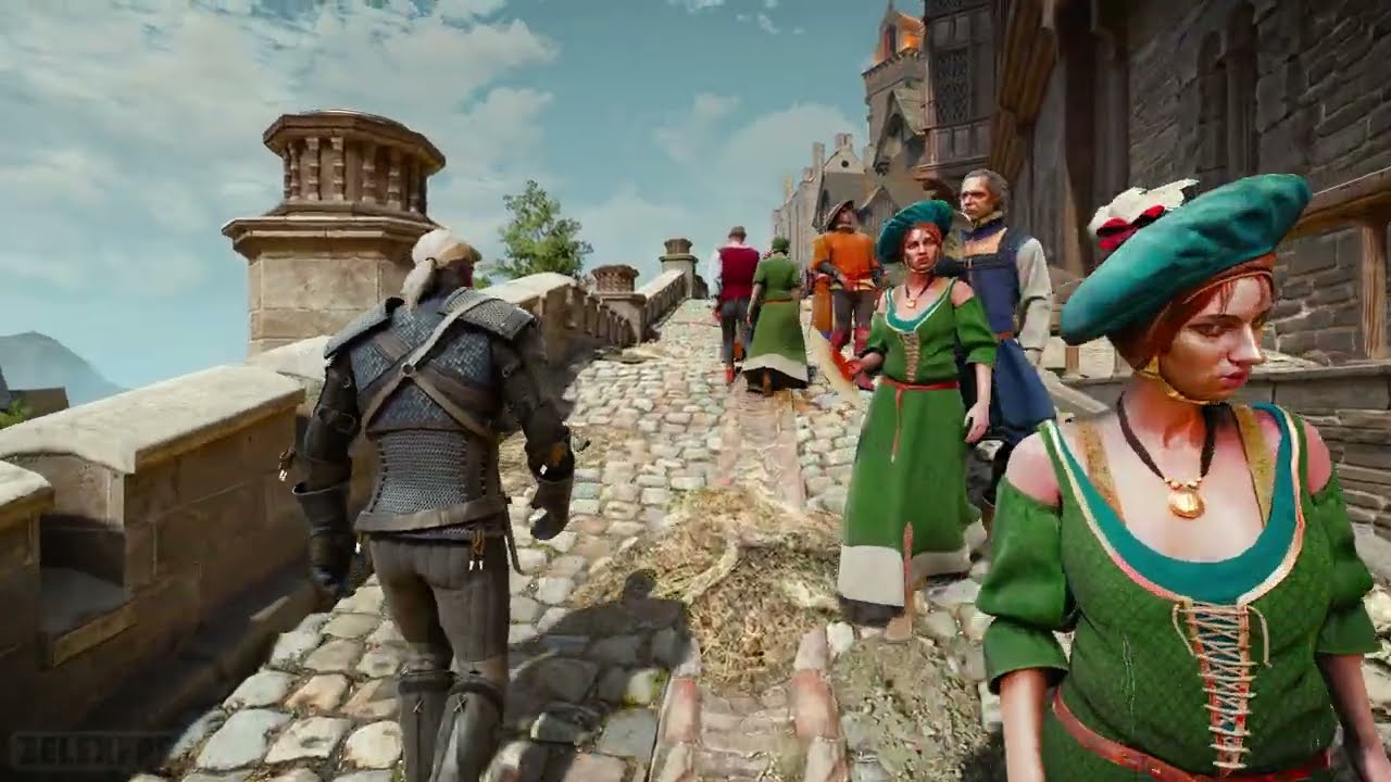 The streets of Novigrad, the biggest city in the game in The Witcher 3