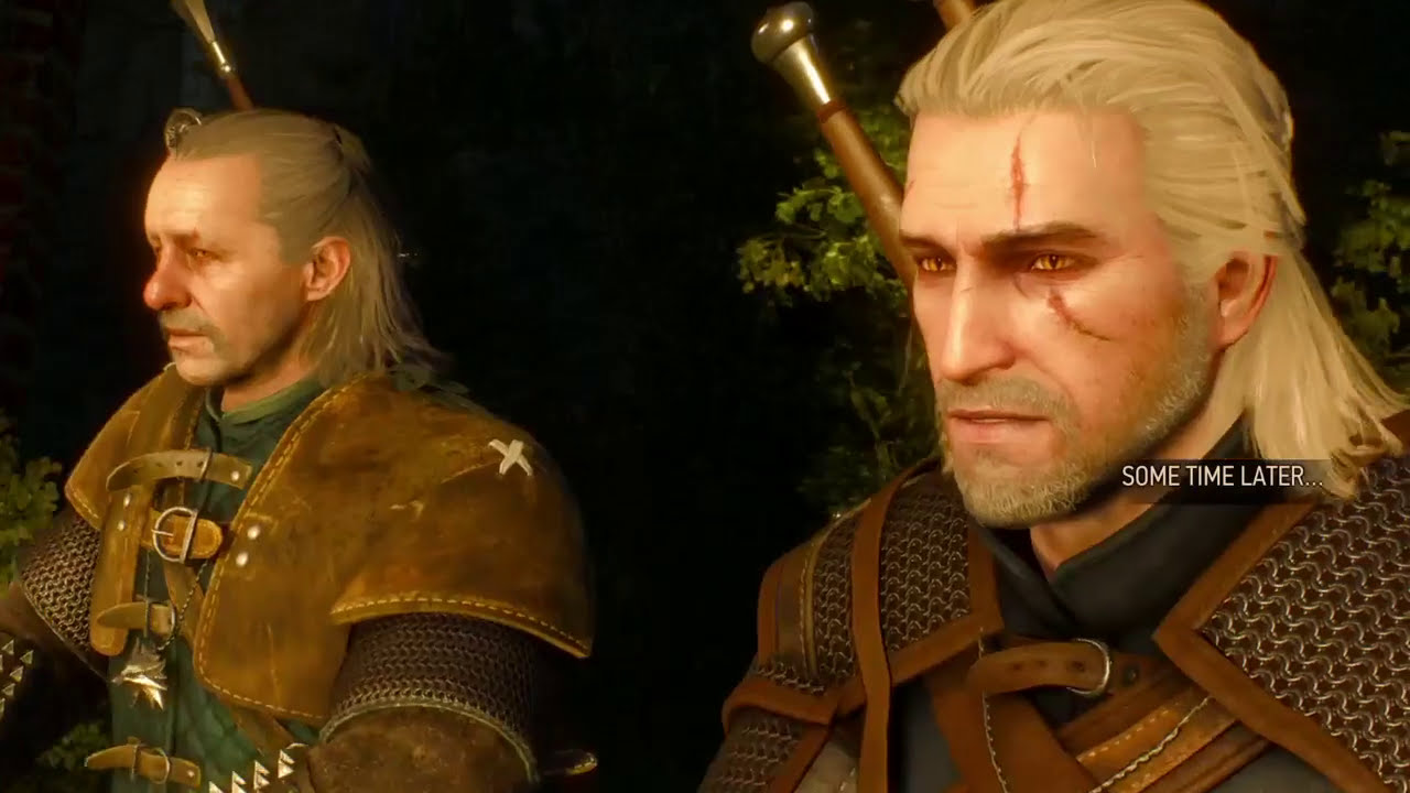 Geralt and Vesemir at camp at the start of Lilac and Gooseberries in The Witcher 3