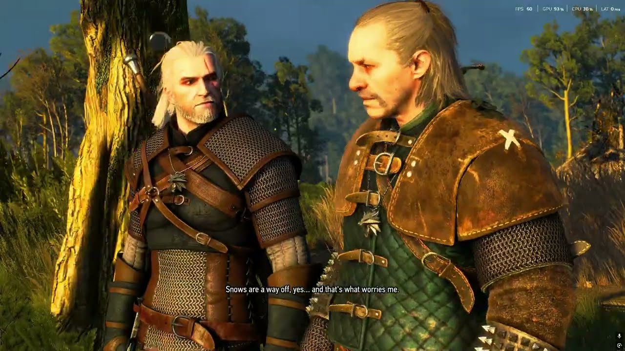 Geralt and Vesemir preparing to ambush the griffin
