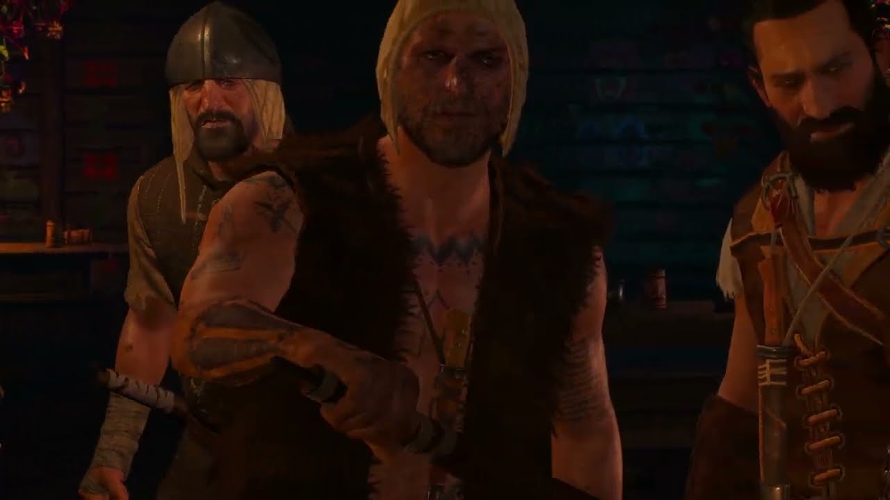 Drunk bandits picking a fight with Geralt and Vesemir at the White Orchard inn
