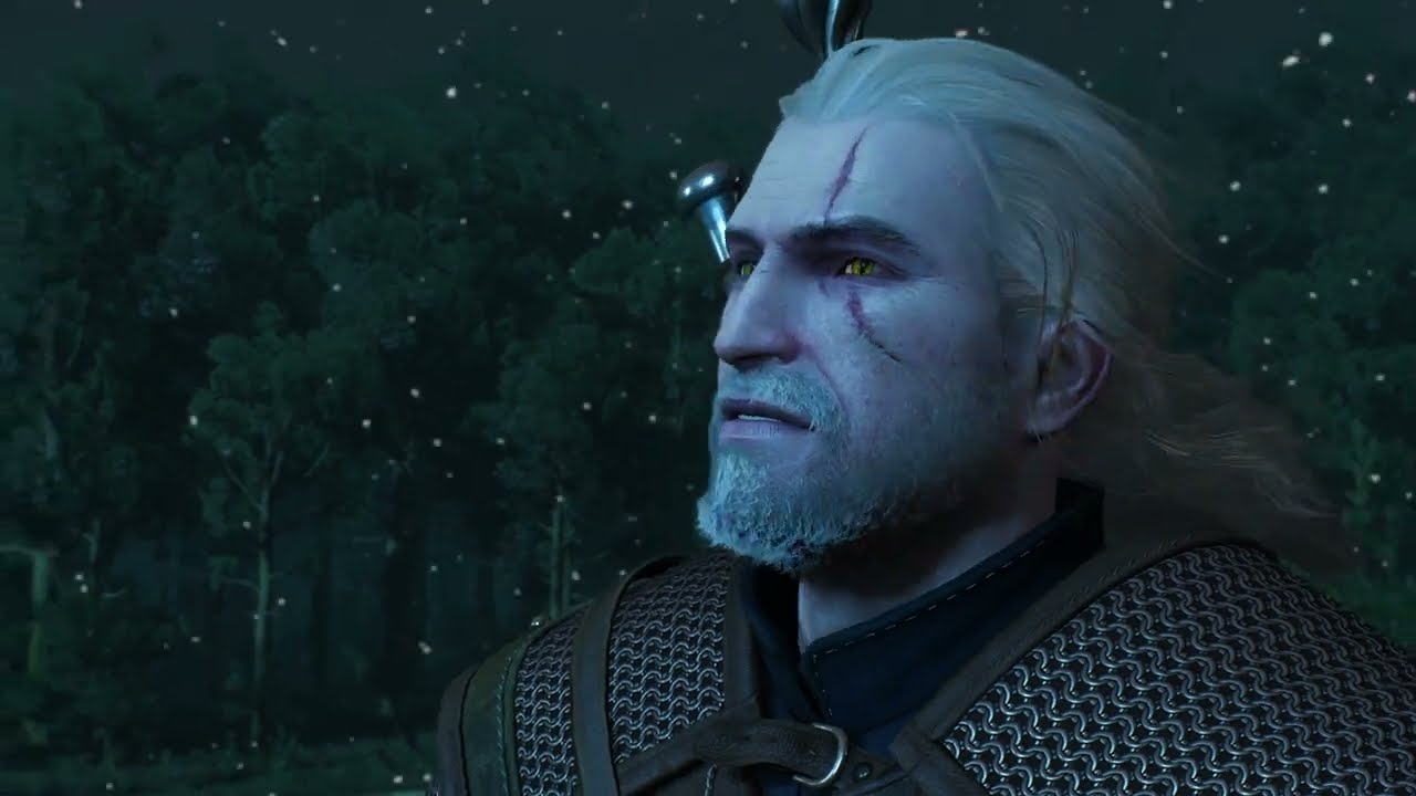 Geralt outside the White Orchard inn at night as the Nilfgaardians arrive