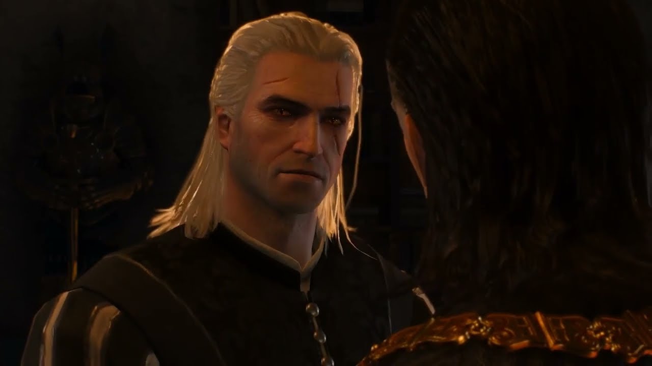 Clean-shaven Geralt in a court outfit in the Vizima palace