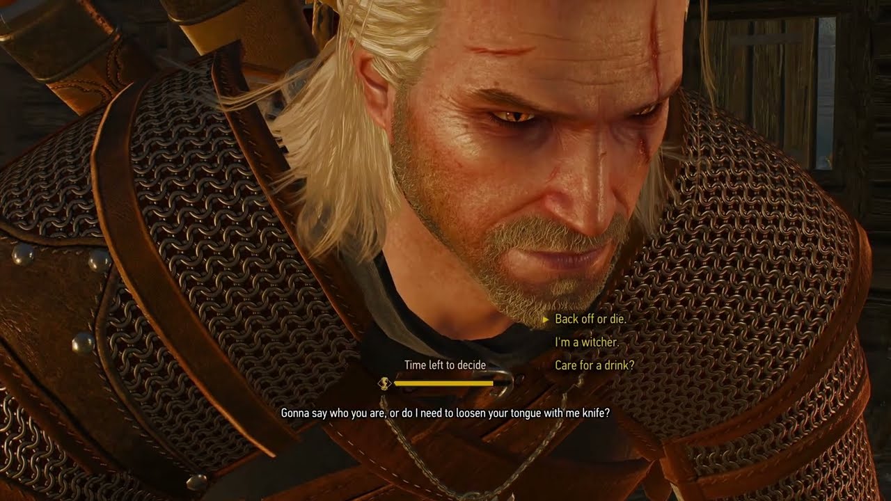 The dialogue choice with the Baron's thugs at the Inn at the Crossroads: Back off or die, I'm a witcher, Care for a drink