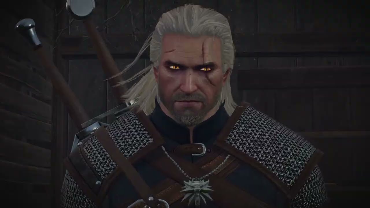 Geralt inside Hendrik's hut in Heatherton, Velen
