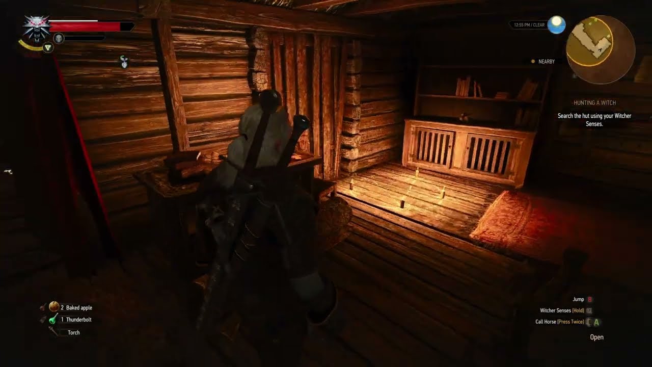 Geralt searches the witch's hut with Witcher Senses in Hunting a Witch