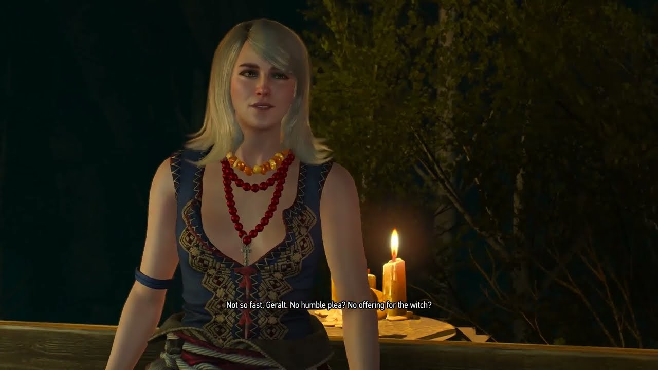 Keira Metz talks to Geralt in her hidden cave in Hunting a Witch, The Witcher 3
