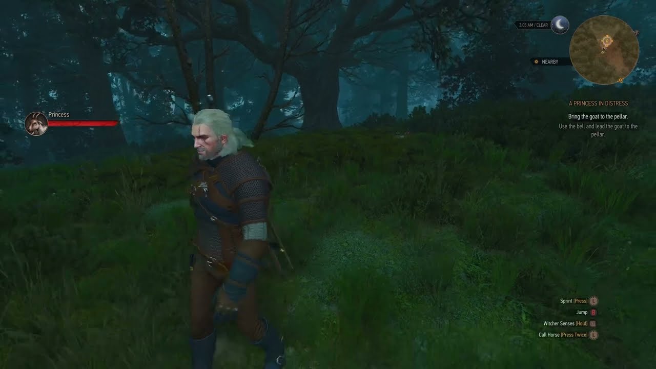 Geralt tracks the pellar's goat Princess through the woods with Witcher Senses