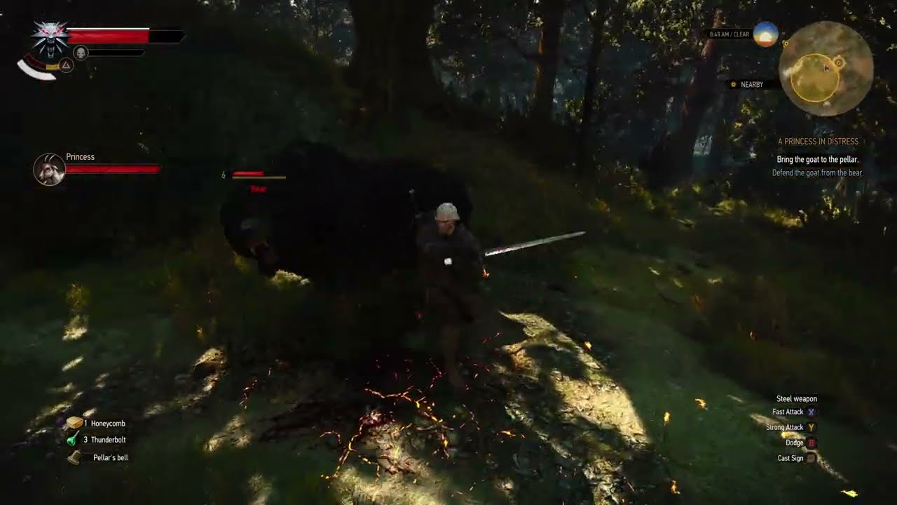 Geralt fights the bear in the woods during A Princess in Distress