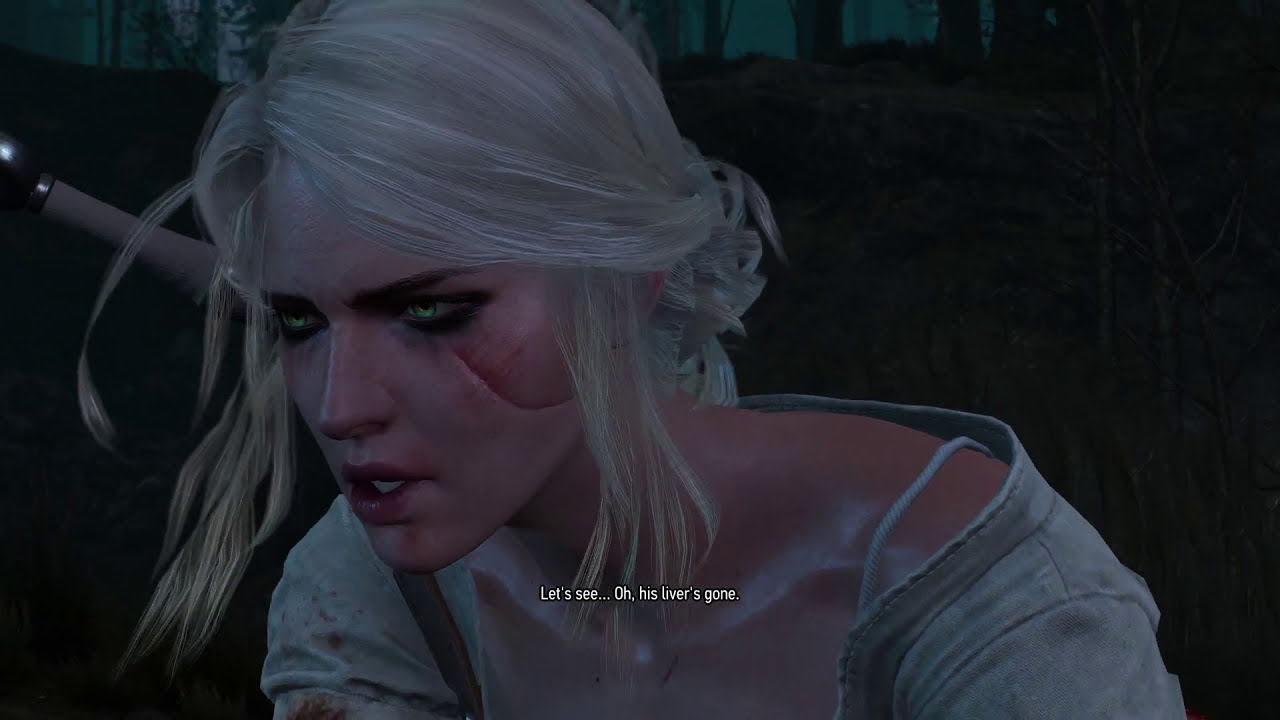 Ciri examines the body in the woods in The King of the Wolves