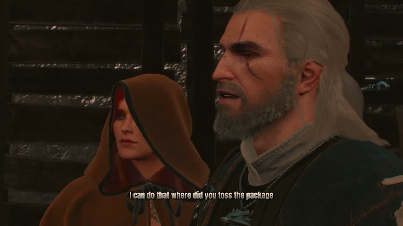 Triss in a hood asks Geralt about the lost package by the Novigrad canal