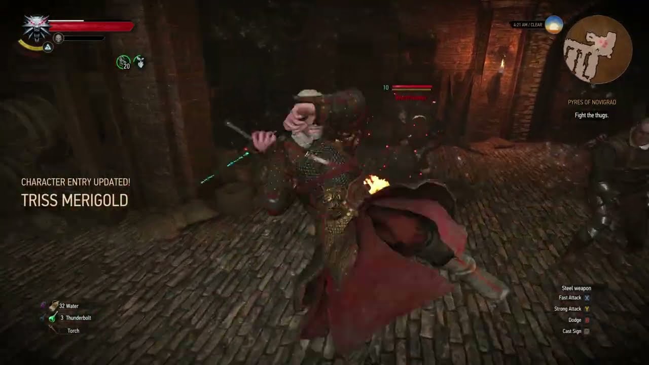 Geralt and Triss fight the witch hunters in Brandon's warehouse