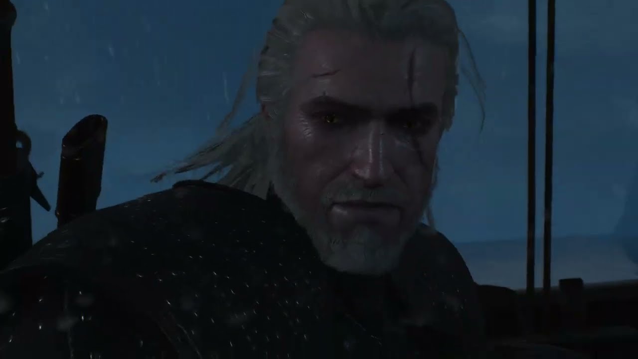 Geralt on the deck of the Atropos at night on the way to Skellige
