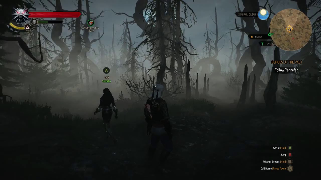 Geralt and Yennefer walk through the magic fog in the forest near the druids' camp