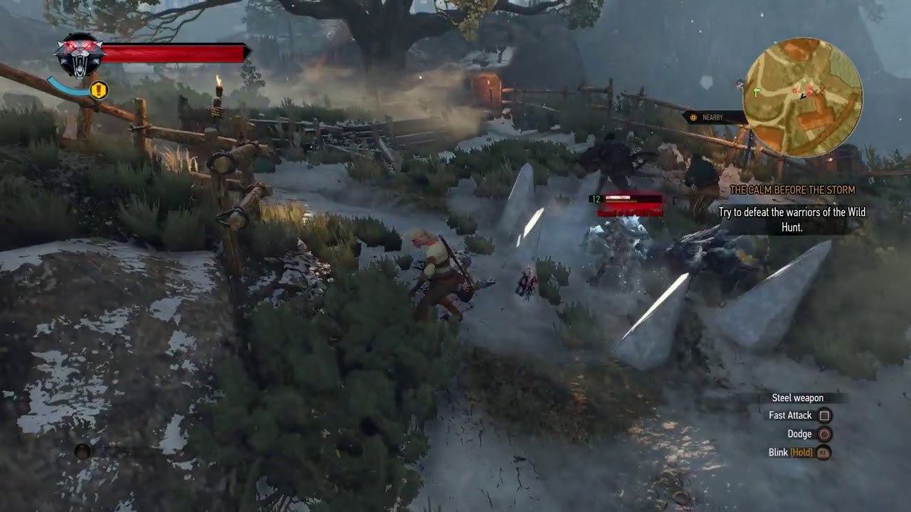 Ciri fights Wild Hunt warriors in the snow in Lofoten