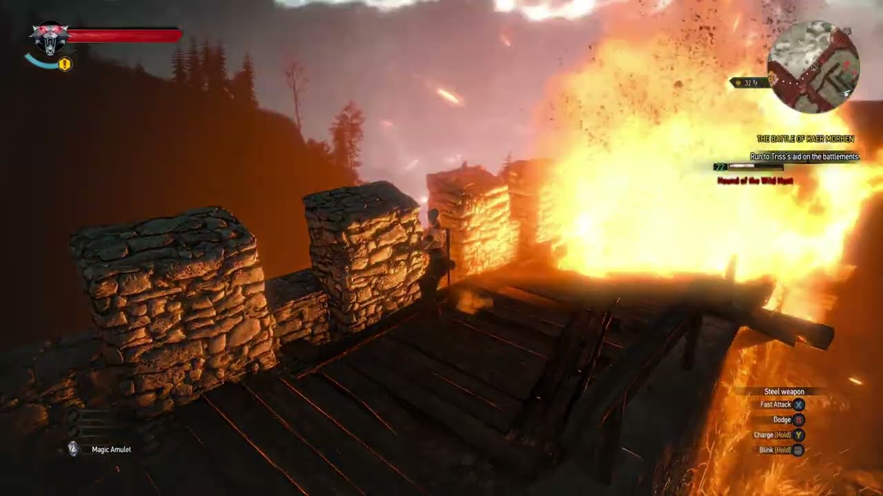 Fire on the battlements of Kaer Morhen during the Wild Hunt's attack