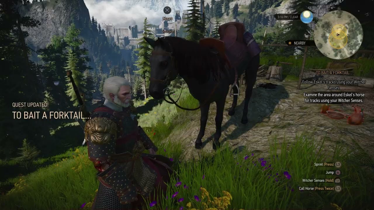Geralt finds Eskel's horse Scorpion in To Bait a Forktail
