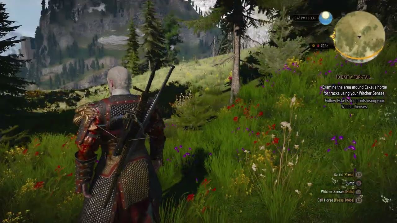 Geralt follows tracks with Witcher Senses in the hills near Kaer Morhen