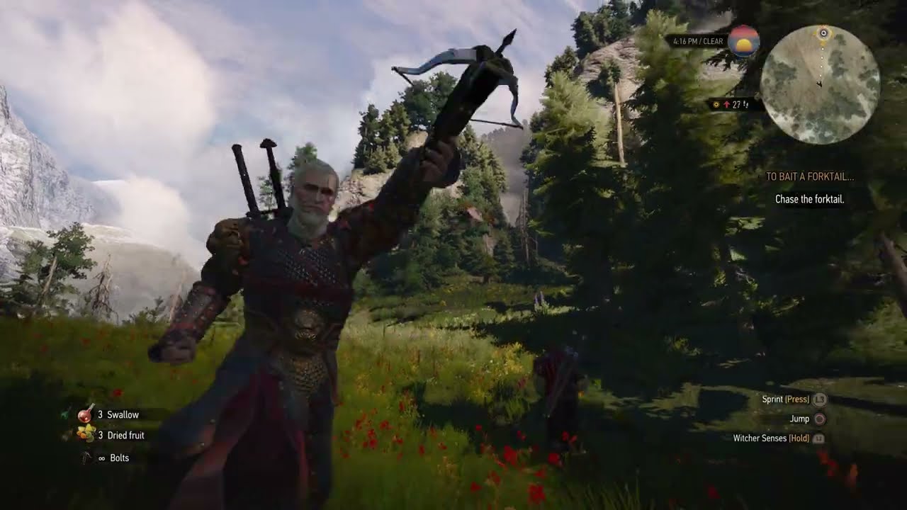 Geralt fights the forktail in To Bait a Forktail, The Witcher 3